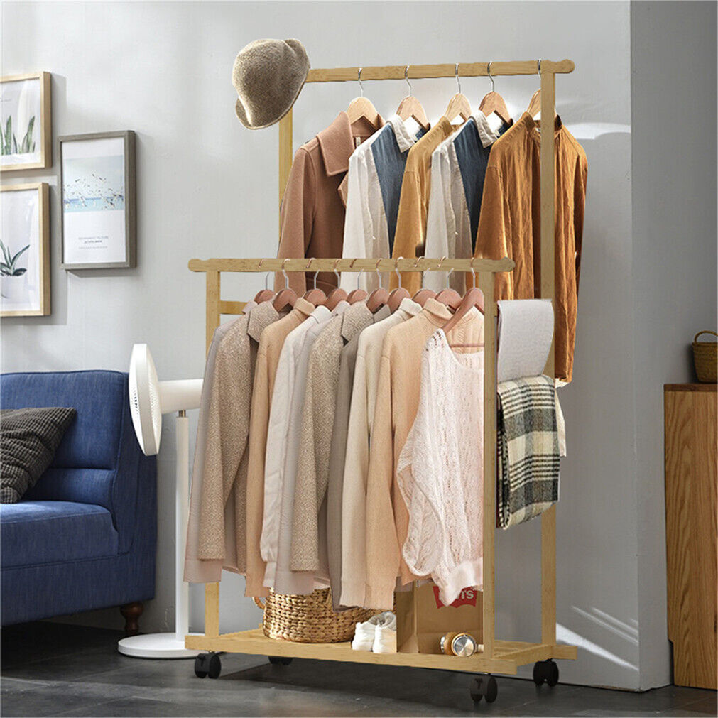 Double Rail Heavy Strong Rolling Clothes Rack with Trousers Rack & Bottom Shelf view 2