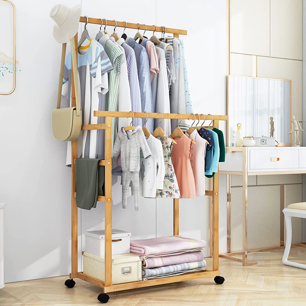 Double Rail Heavy Strong Rolling Clothes Rack with Trousers Rack & Bottom Shelf view 3