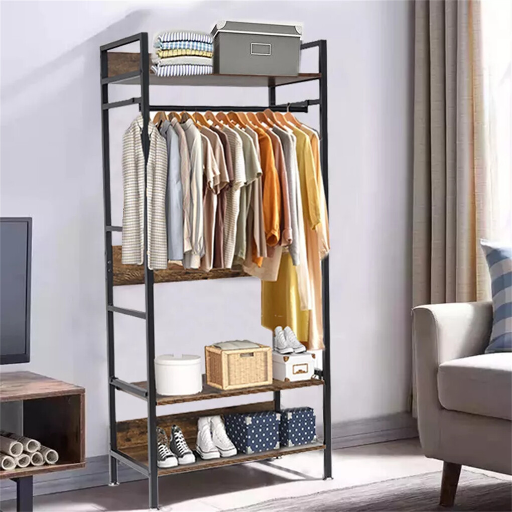 Rustic Wooden Clothes Garment Rail Open Hanging Display Shelf Shoe Rack Entryway view 2