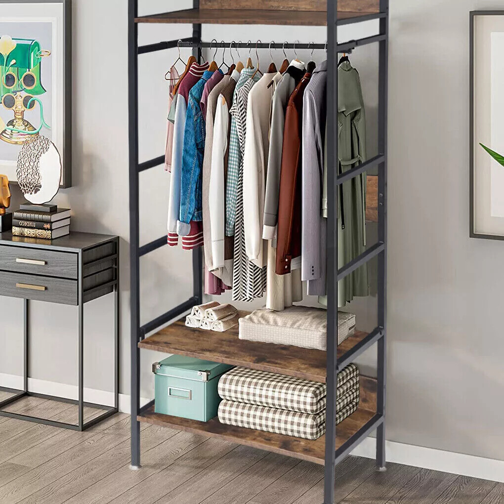 Rustic Wooden Clothes Garment Rail Open Hanging Display Shelf Shoe Rack Entryway view 3
