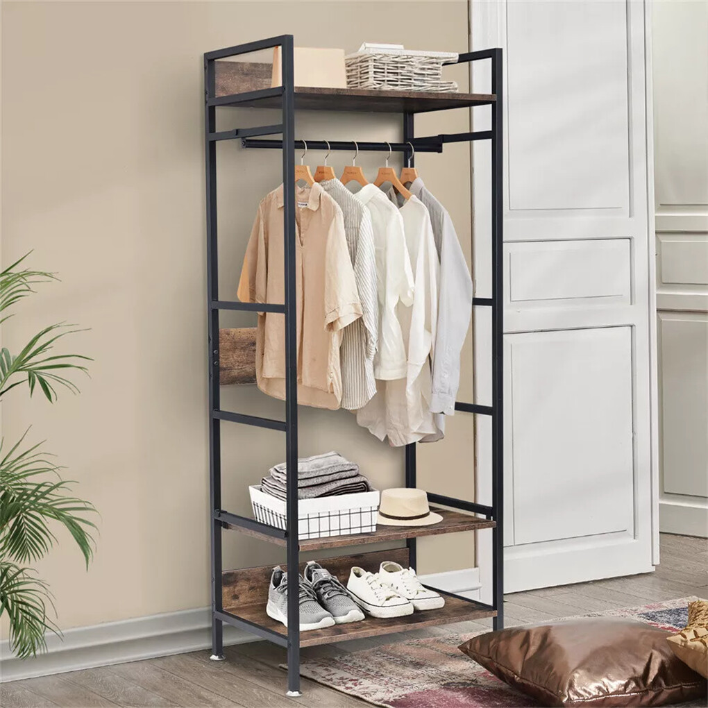 Rustic Wooden Clothes Garment Rail Open Hanging Display Shelf Shoe Rack Entryway view 4