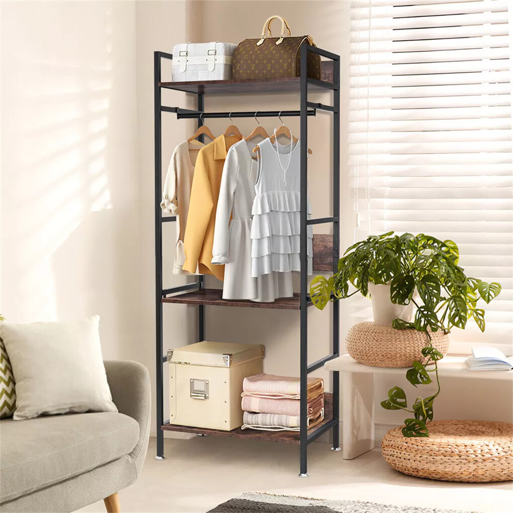 Rustic Wooden Clothes Garment Rail Open Hanging Display Shelf Shoe Rack Entryway view 6
