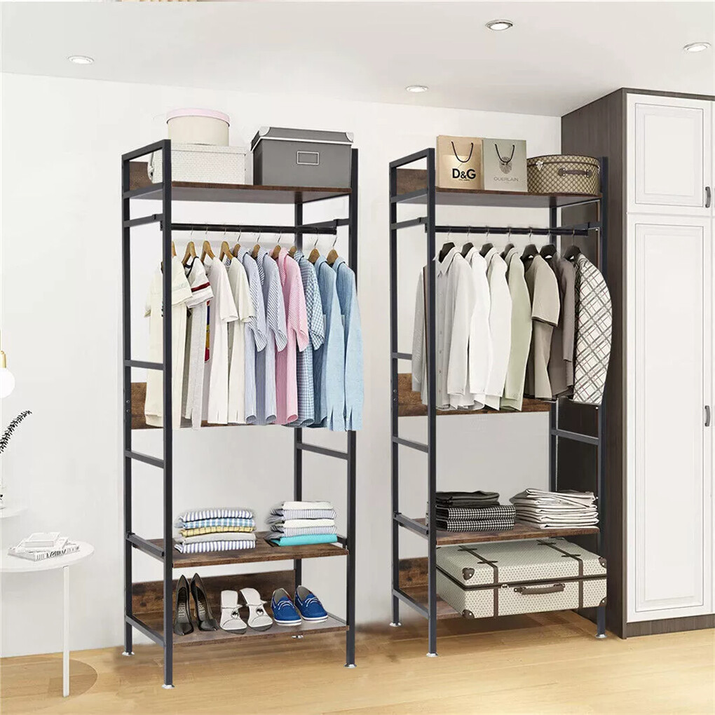 Rustic Wooden Clothes Garment Rail Open Hanging Display Shelf Shoe Rack Entryway view 7