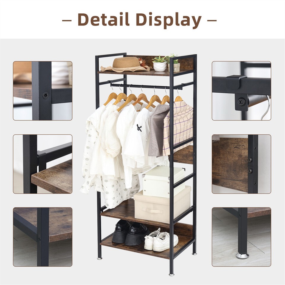 Rustic Wooden Clothes Garment Rail Open Hanging Display Shelf Shoe Rack Entryway view 8