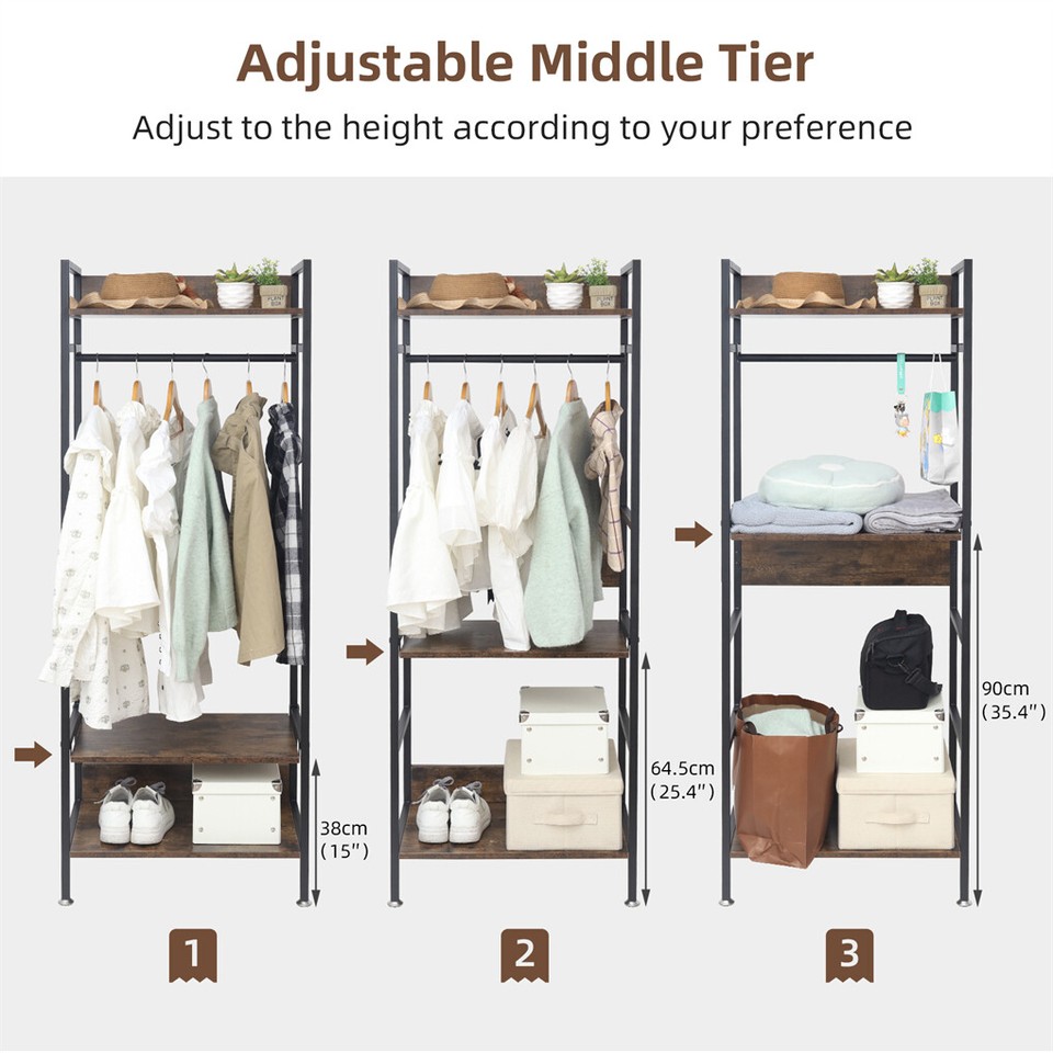 Rustic Wooden Clothes Garment Rail Open Hanging Display Shelf Shoe Rack Entryway view 9