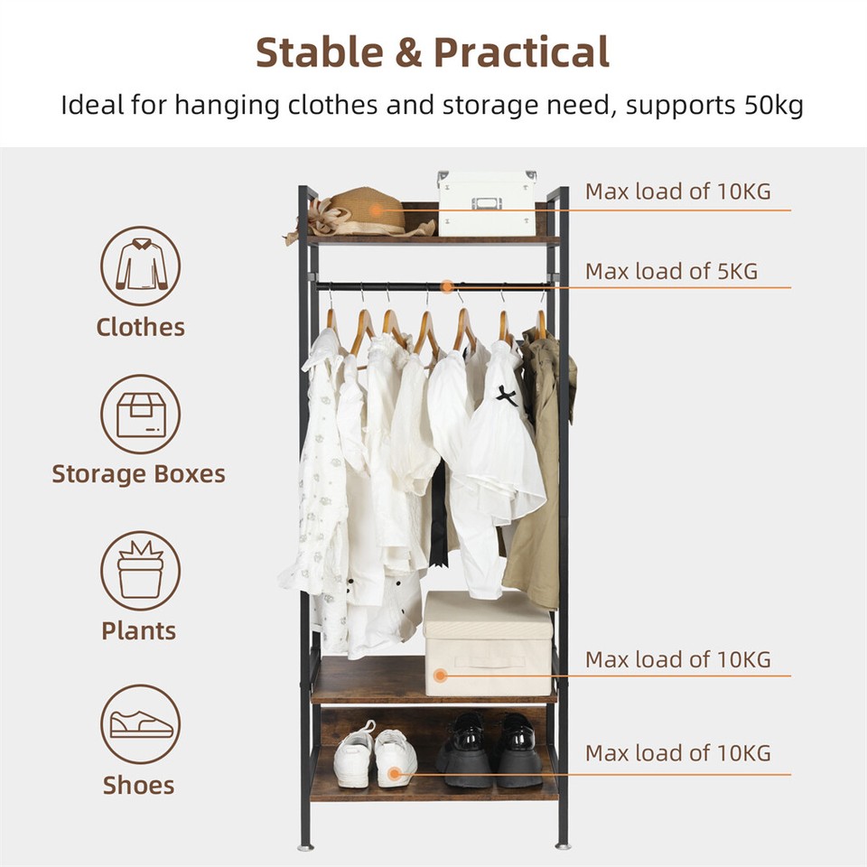 Rustic Wooden Clothes Garment Rail Open Hanging Display Shelf Shoe Rack Entryway view 10