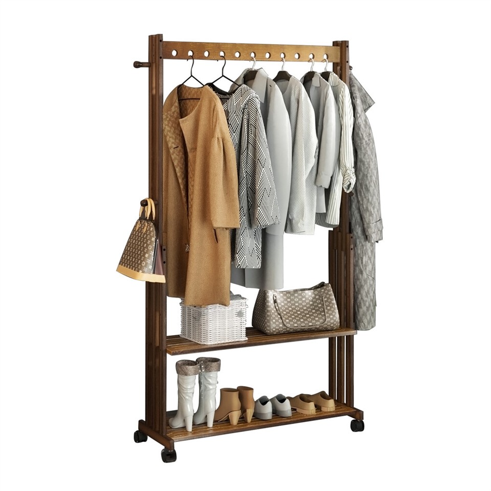 Walnut Wood Rolling Clothing Garment Rack Open Wardrobe Entryway Bedroom Shop