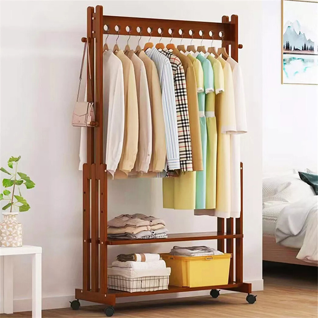 Walnut Wood Rolling Clothing Garment Rack Open Wardrobe Entryway Bedroom Shop view 2