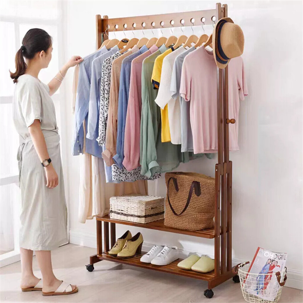 Walnut Wood Rolling Clothing Garment Rack Open Wardrobe Entryway Bedroom Shop view 3