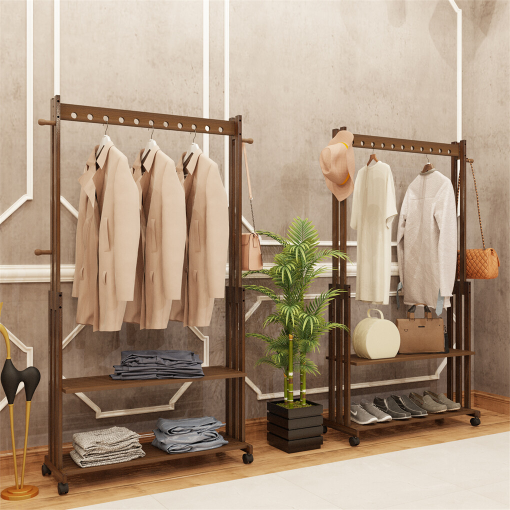 Walnut Wood Rolling Clothing Garment Rack Open Wardrobe Entryway Bedroom Shop view 4