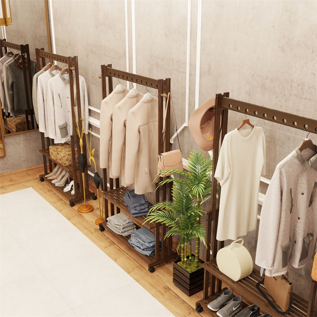 Walnut Wood Rolling Clothing Garment Rack Open Wardrobe Entryway Bedroom Shop view 6