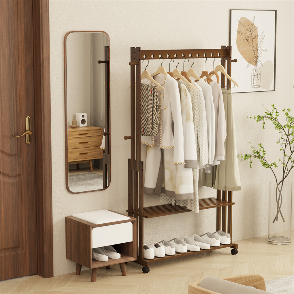 Walnut Wood Rolling Clothing Garment Rack Open Wardrobe Entryway Bedroom Shop view 7