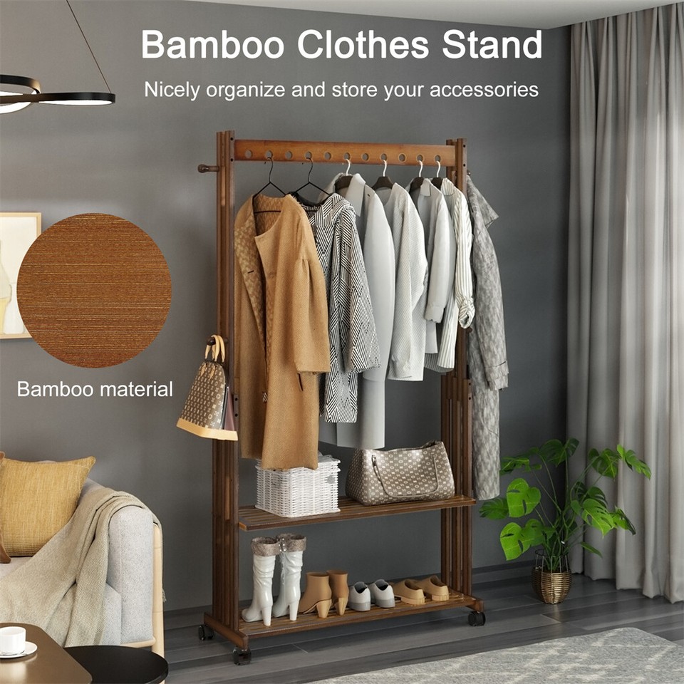 Walnut Wood Rolling Clothing Garment Rack Open Wardrobe Entryway Bedroom Shop view 8