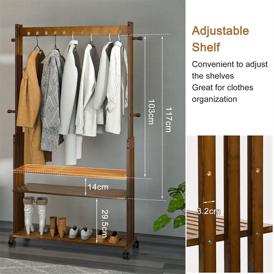 Walnut Wood Rolling Clothing Garment Rack Open Wardrobe Entryway Bedroom Shop view 9