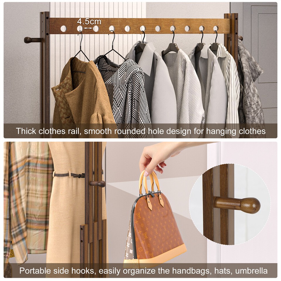 Walnut Wood Rolling Clothing Garment Rack Open Wardrobe Entryway Bedroom Shop view 10
