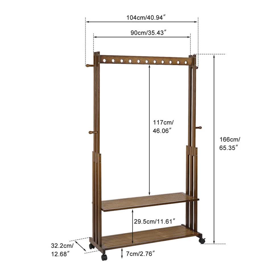 Walnut Wood Rolling Clothing Garment Rack Open Wardrobe Entryway Bedroom Shop view 11