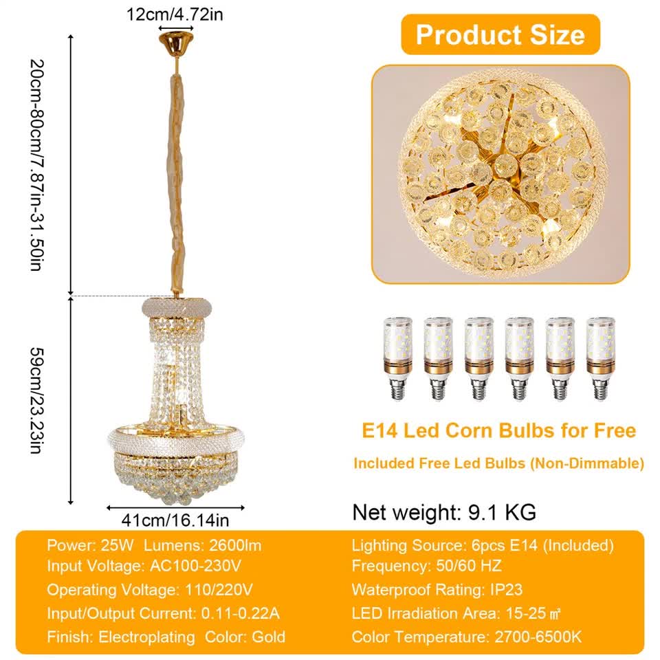 Luxury Empire Gold Crystal Chandelier Ceiling Light view 5