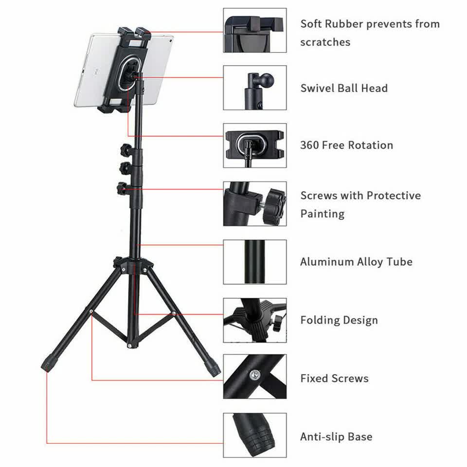 Adjustable 4.7-12.9" Stable Tripod Floor Stand Lazy Tablet Mount Holder for iPad view 9