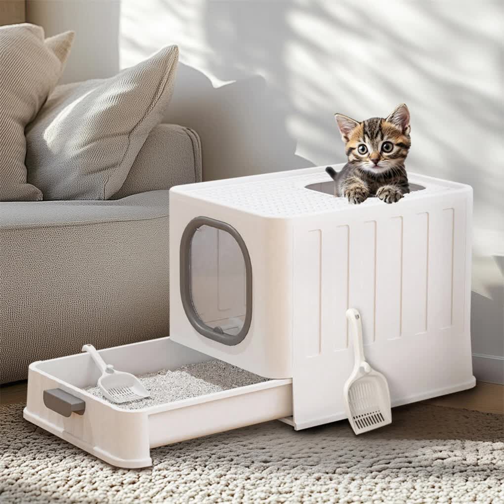 Big Top Entry Deep Tray Enclosed Kitty Cat Litter Box Easy To Clean Pull Handle view 3