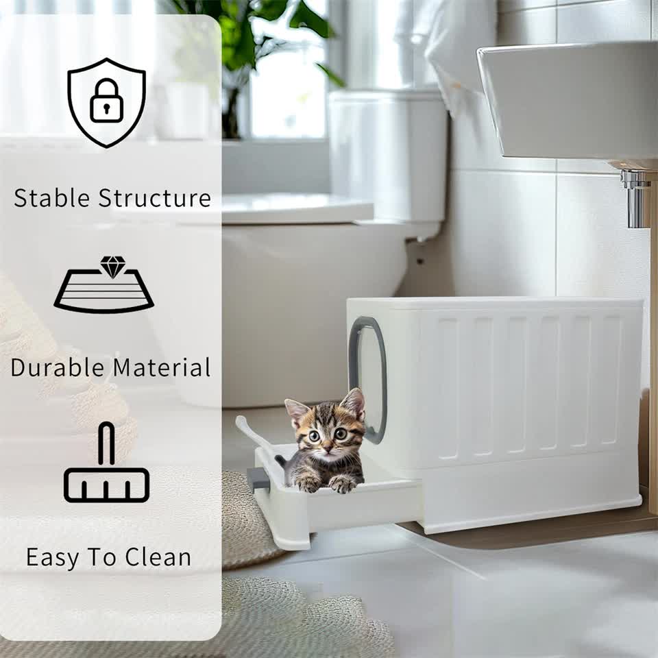 Big Top Entry Deep Tray Enclosed Kitty Cat Litter Box Easy To Clean Pull Handle view 10