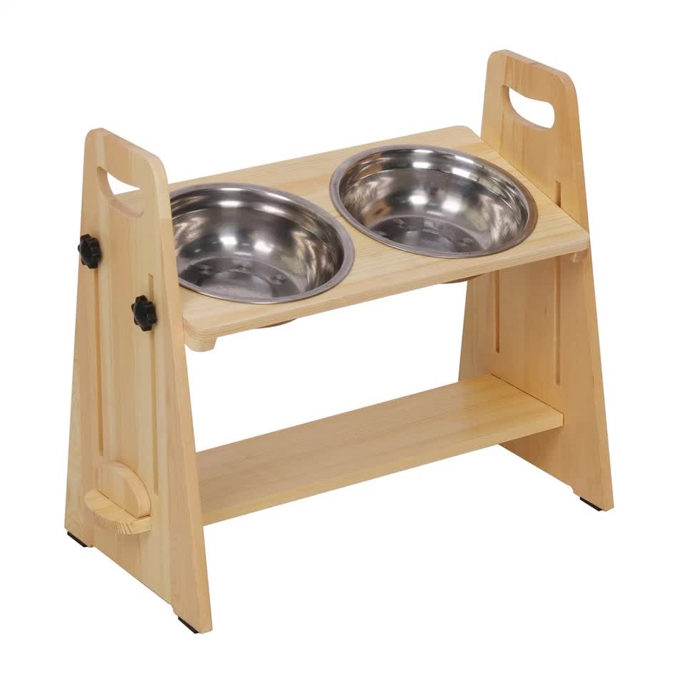 Wooden Elevated Dog Food Bowl with 2 Stainless Steel Bowls Adjustable Pet