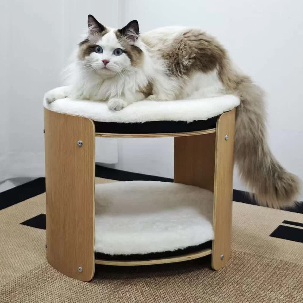 Natural Wood Cat Bunk Bed with Cushioned Two Tiers for Stylish Pet Comfort view 2