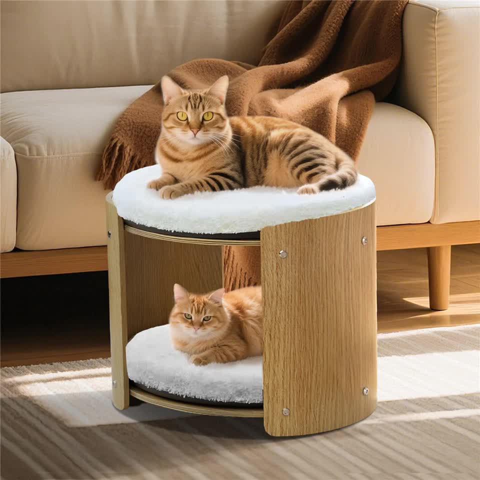 Natural Wood Cat Bunk Bed with Cushioned Two Tiers for Stylish Pet Comfort view 5