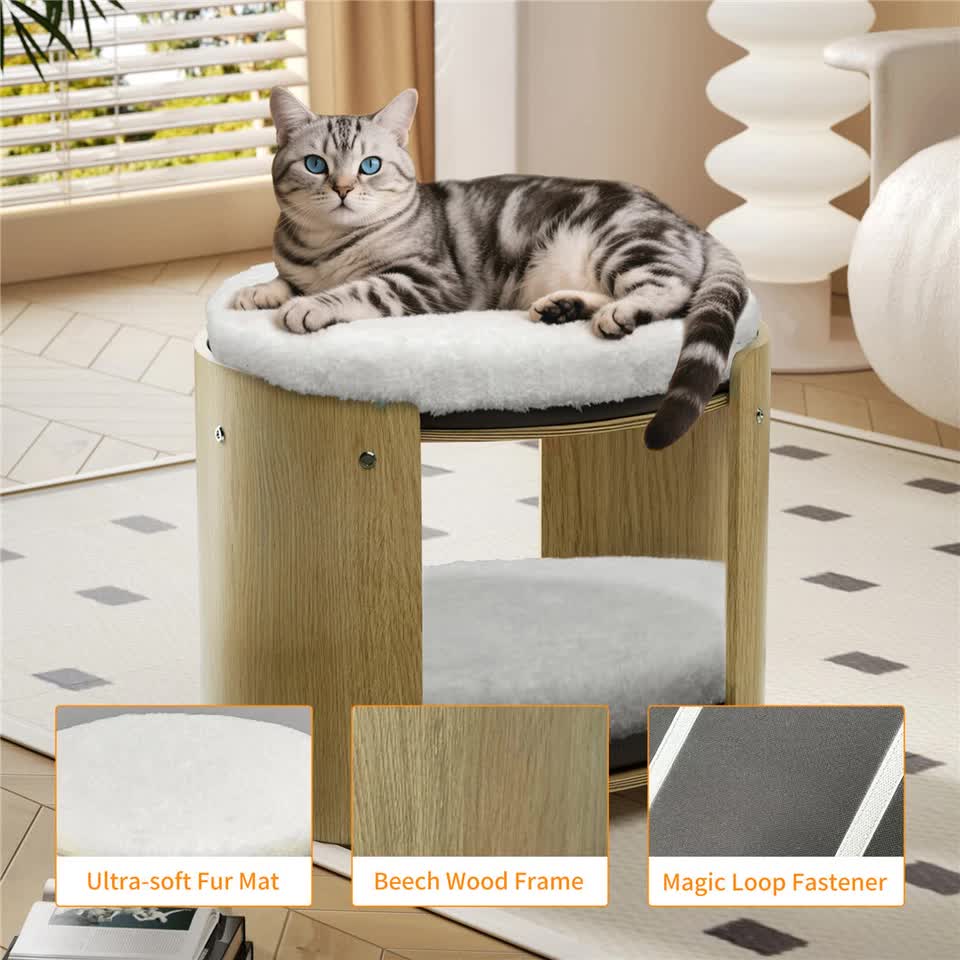 Natural Wood Cat Bunk Bed with Cushioned Two Tiers for Stylish Pet Comfort view 8