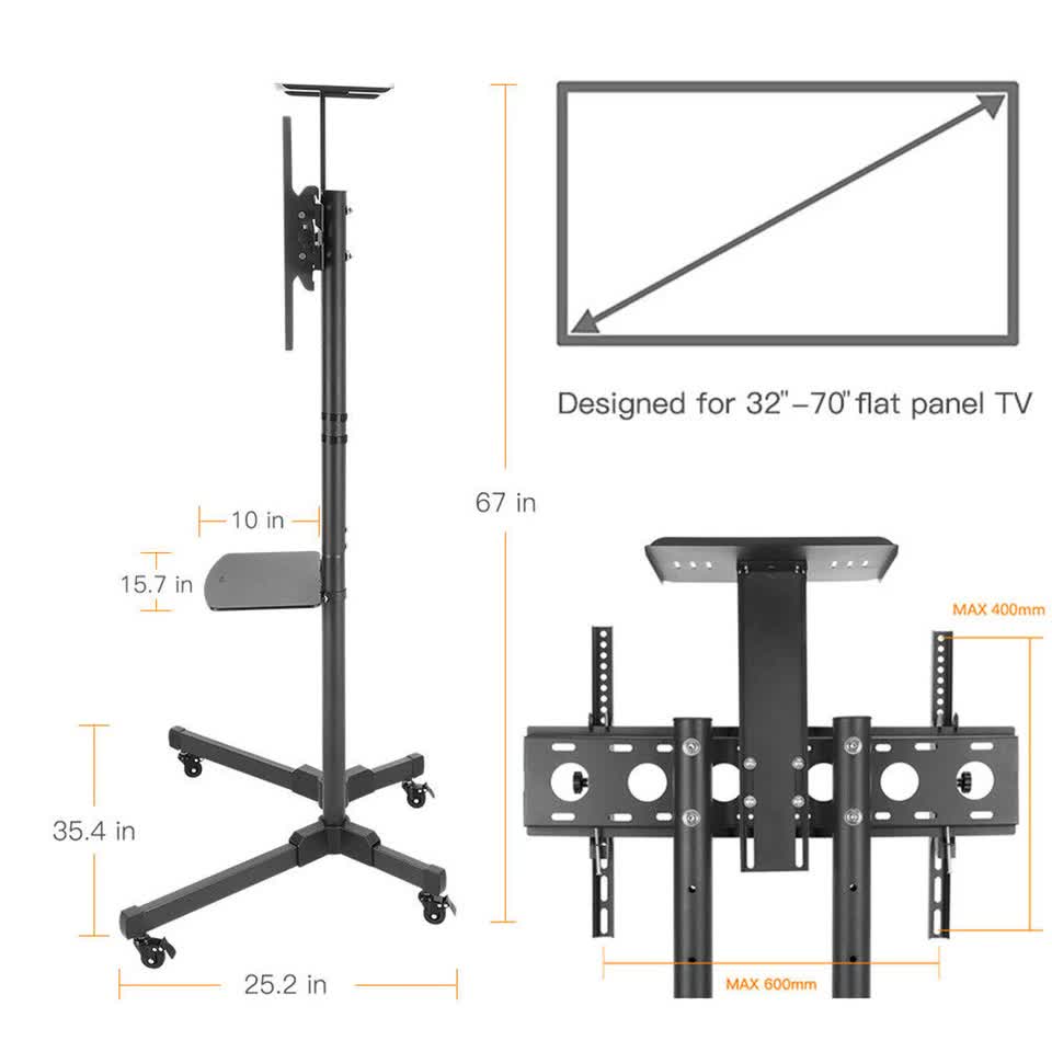 32-72" Rolling Tv Stand Mount W Dvd Storage Top Shelf Tv Bracket Trolley Casters view 4