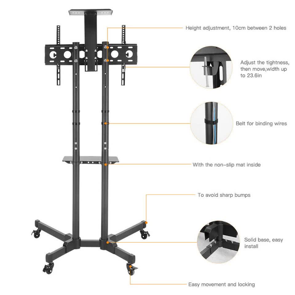 32-72" Rolling Tv Stand Mount W Dvd Storage Top Shelf Tv Bracket Trolley Casters view 5