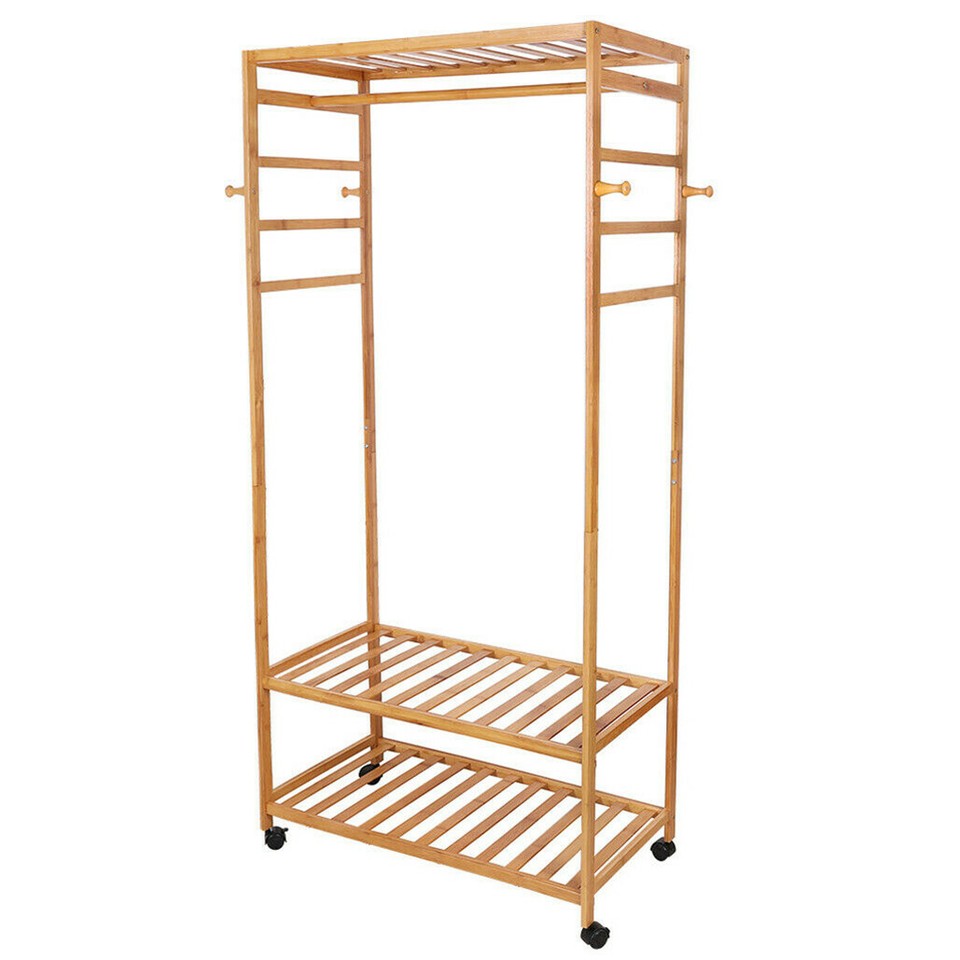 169cm Mildrew-proof Bamboo Clothes Shelves Stand On Wheels Coat Shoes Bags Rack view 2