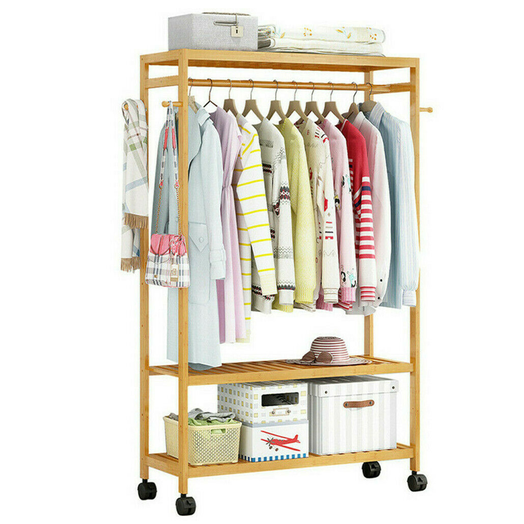 169cm Mildrew-proof Bamboo Clothes Shelves Stand On Wheels Coat Shoes Bags Rack view 3