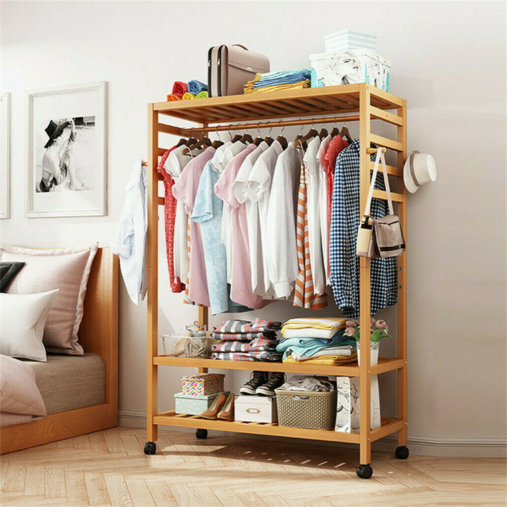 169cm Mildrew-proof Bamboo Clothes Shelves Stand On Wheels Coat Shoes Bags Rack view 5