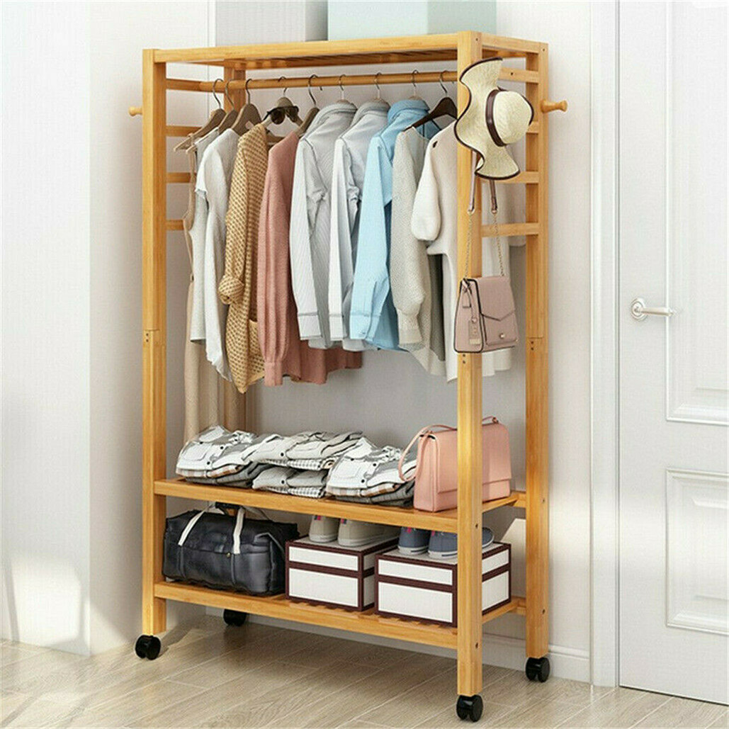 169cm Mildrew-proof Bamboo Clothes Shelves Stand On Wheels Coat Shoes Bags Rack view 6