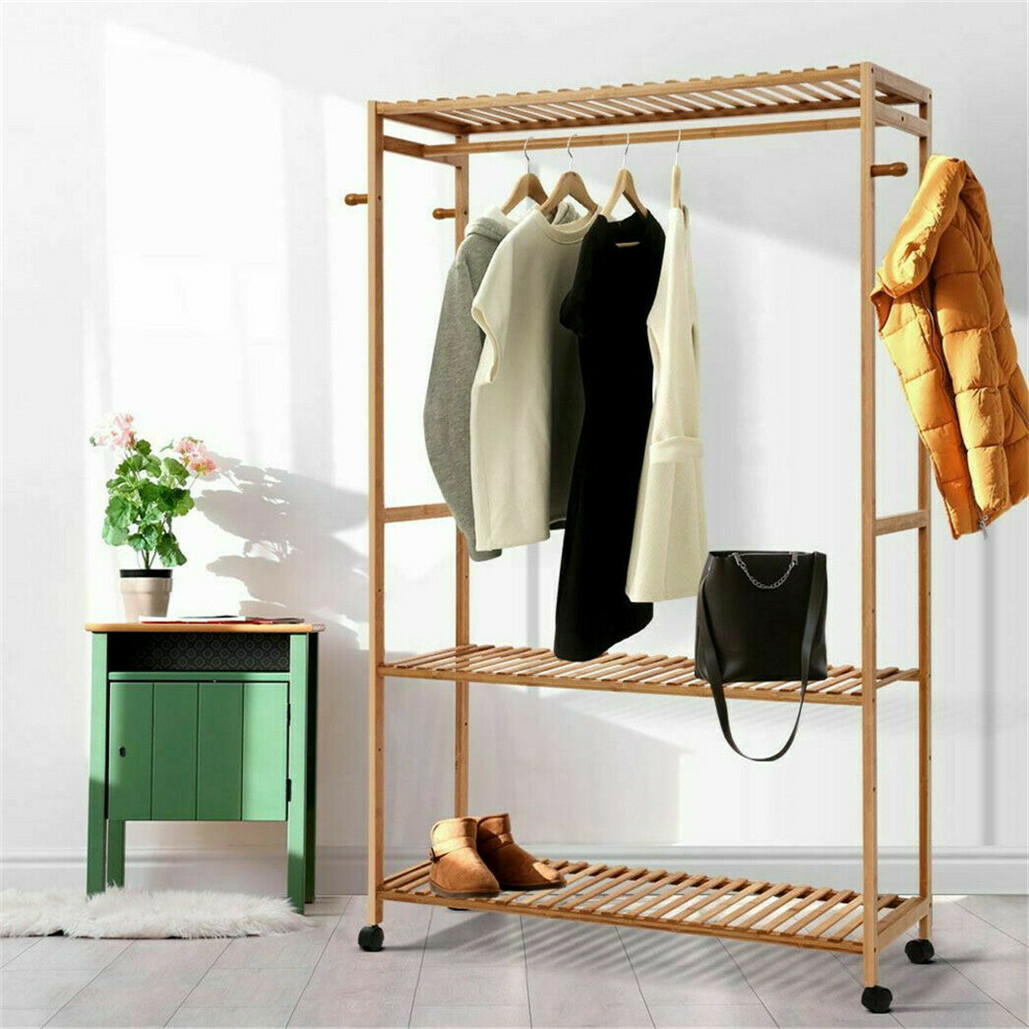 169cm Mildrew-proof Bamboo Clothes Shelves Stand On Wheels Coat Shoes Bags Rack view 7