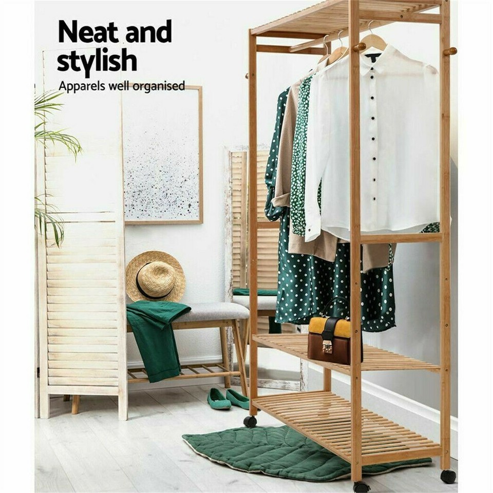 169cm Mildrew-proof Bamboo Clothes Shelves Stand On Wheels Coat Shoes Bags Rack view 8