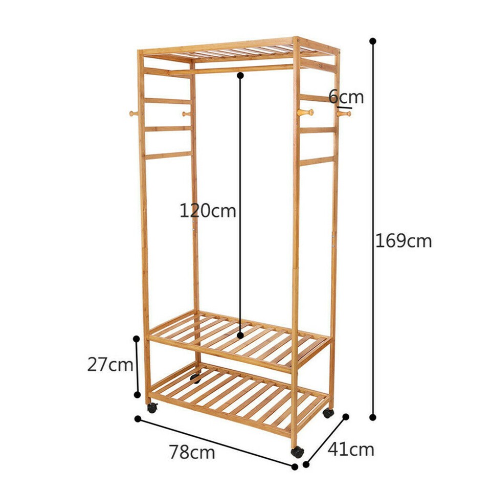 169cm Mildrew-proof Bamboo Clothes Shelves Stand On Wheels Coat Shoes Bags Rack view 9