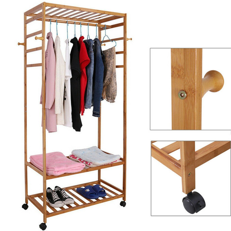 169cm Mildrew-proof Bamboo Clothes Shelves Stand On Wheels Coat Shoes Bags Rack view 10