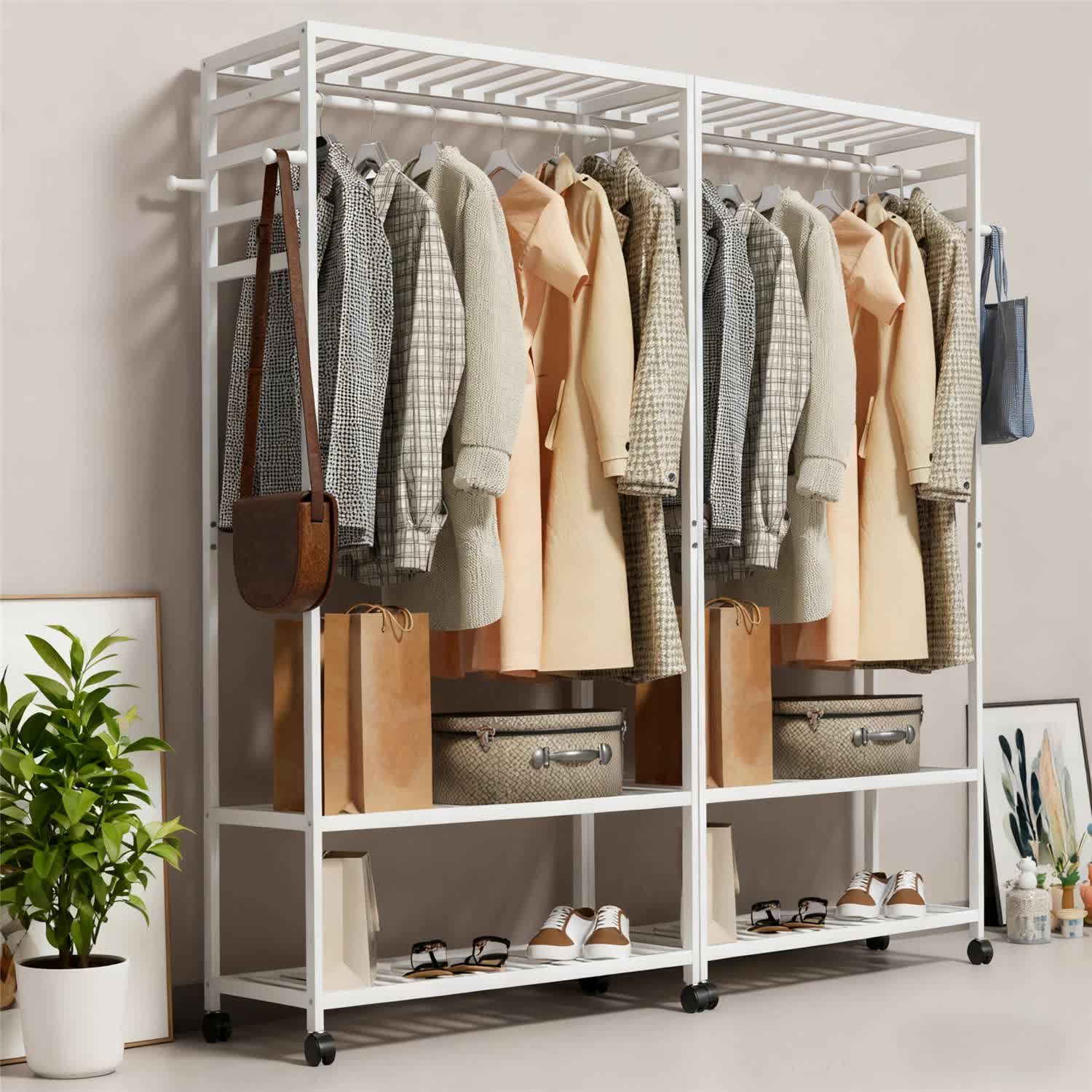 XXL Bamboo Clothes Rail Coat Rack with Wheels view 2