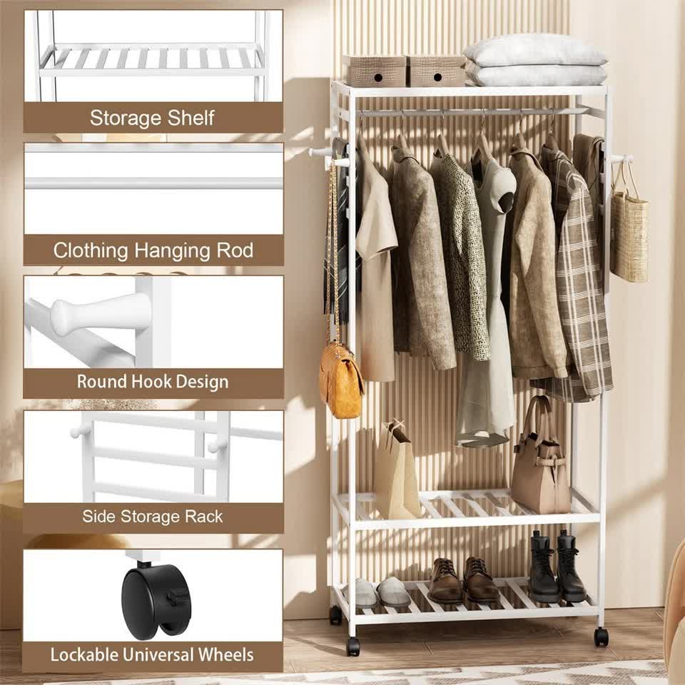 XXL Bamboo Clothes Rail Coat Rack with Wheels view 4