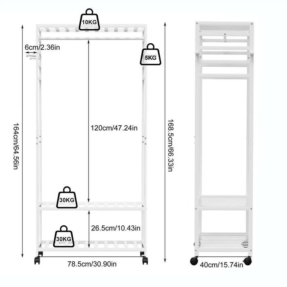 XXL Bamboo Clothes Rail Coat Rack with Wheels view 9