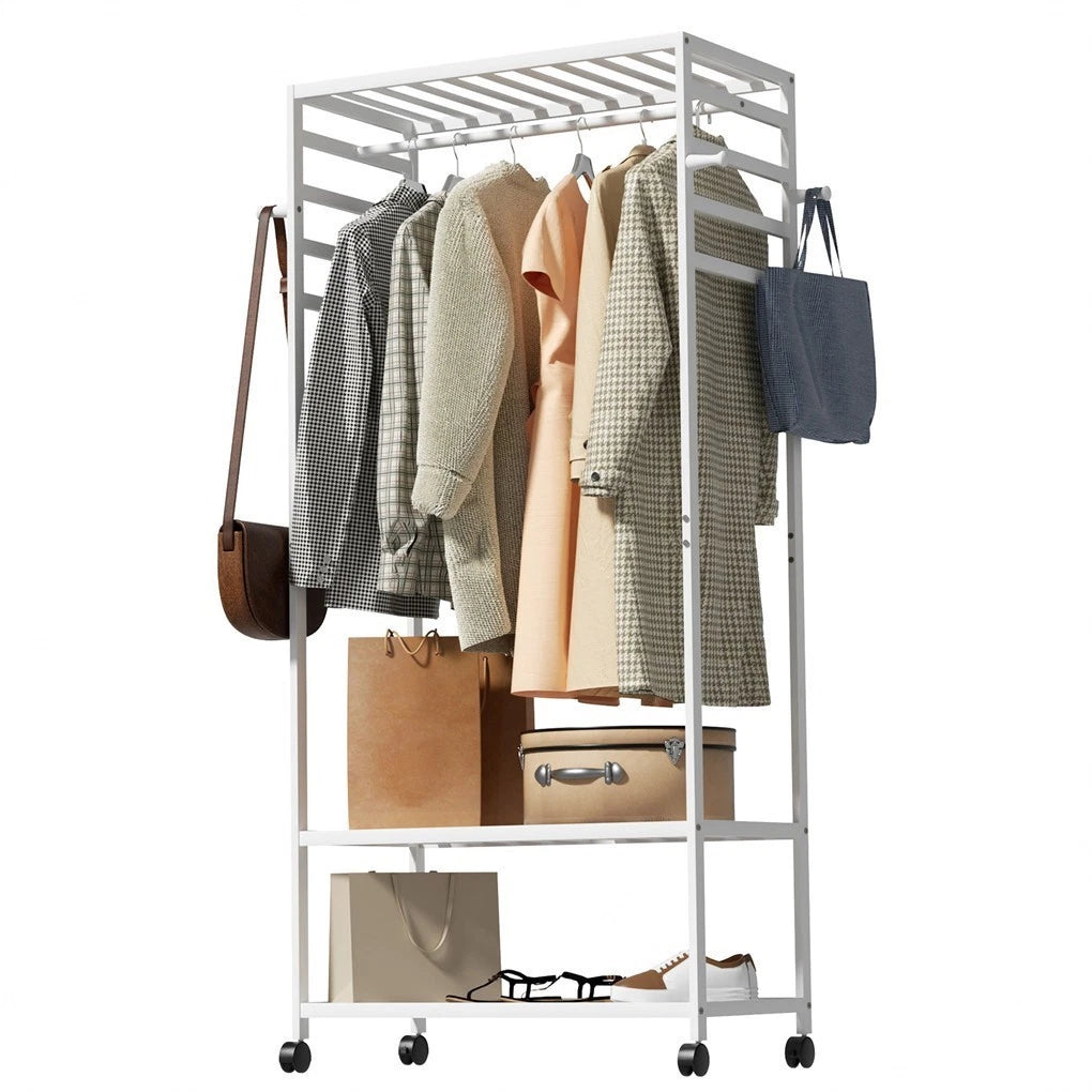 XXL Bamboo Clothes Rail Coat Rack with Wheels
