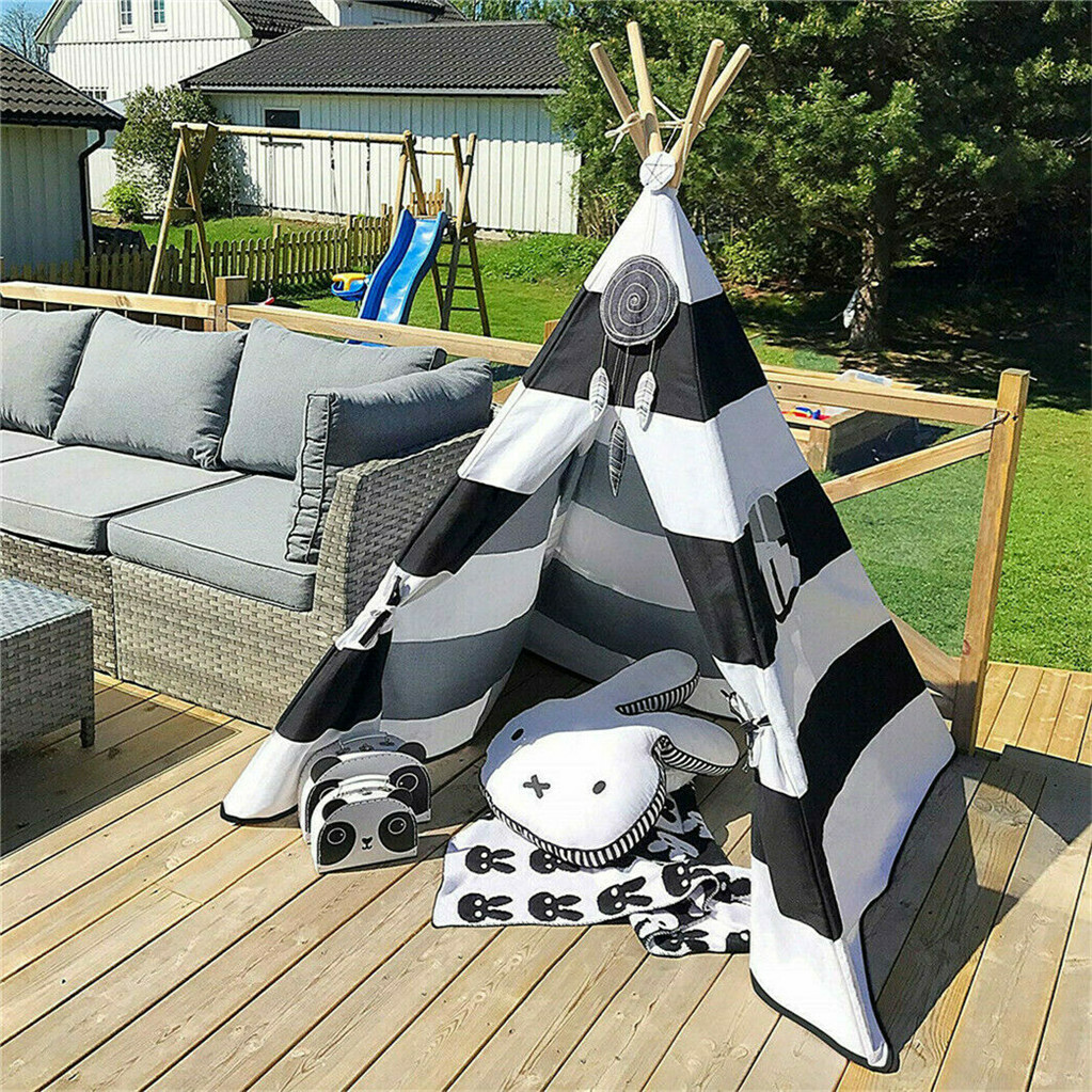 Kids Teepee Tent Black and White Stripe Children Play House for Indoor & Garden view 2