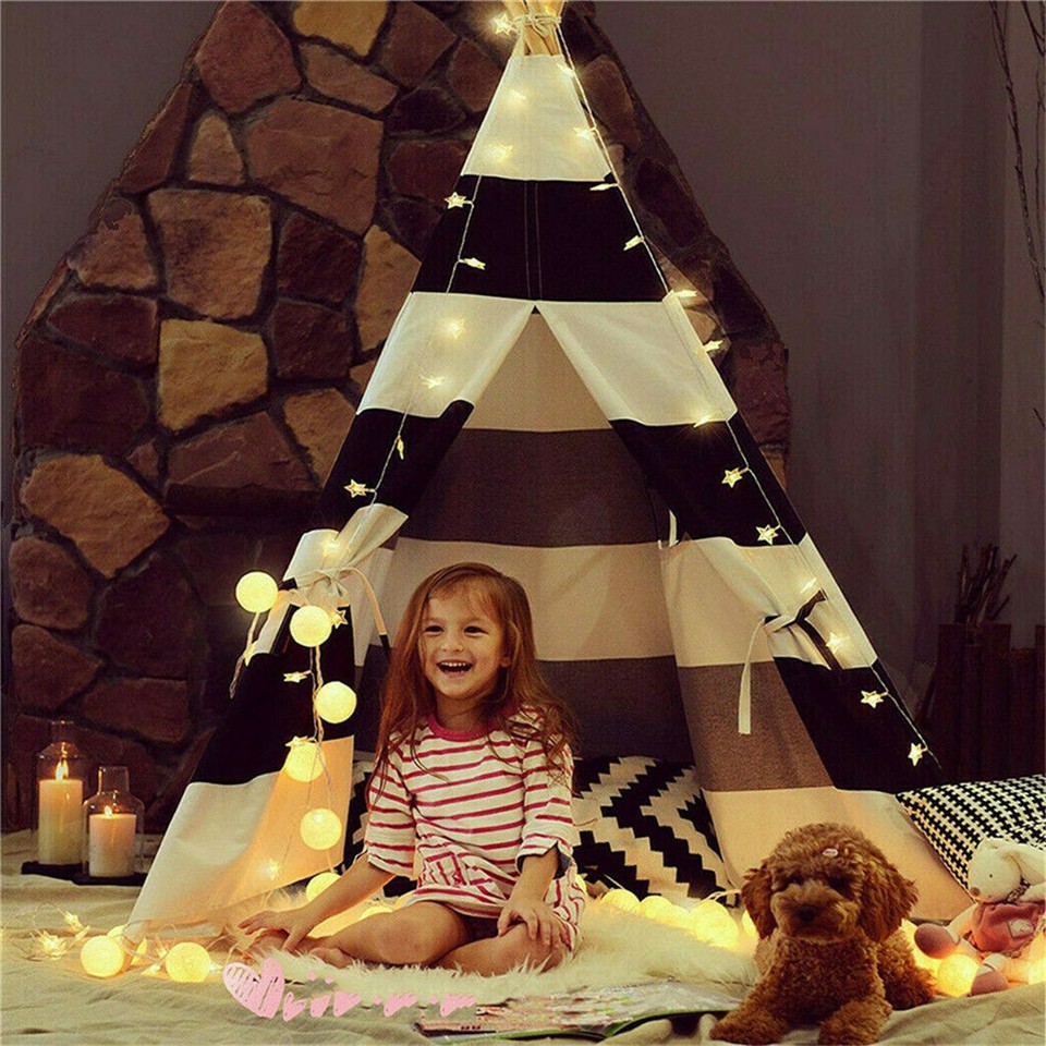 Kids Teepee Tent Black and White Stripe Children Play House for Indoor & Garden view 3
