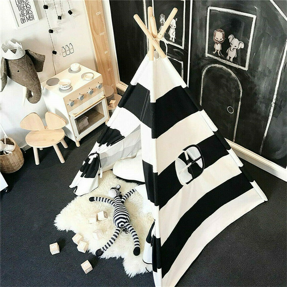 Kids Teepee Tent Black and White Stripe Children Play House for Indoor & Garden view 9