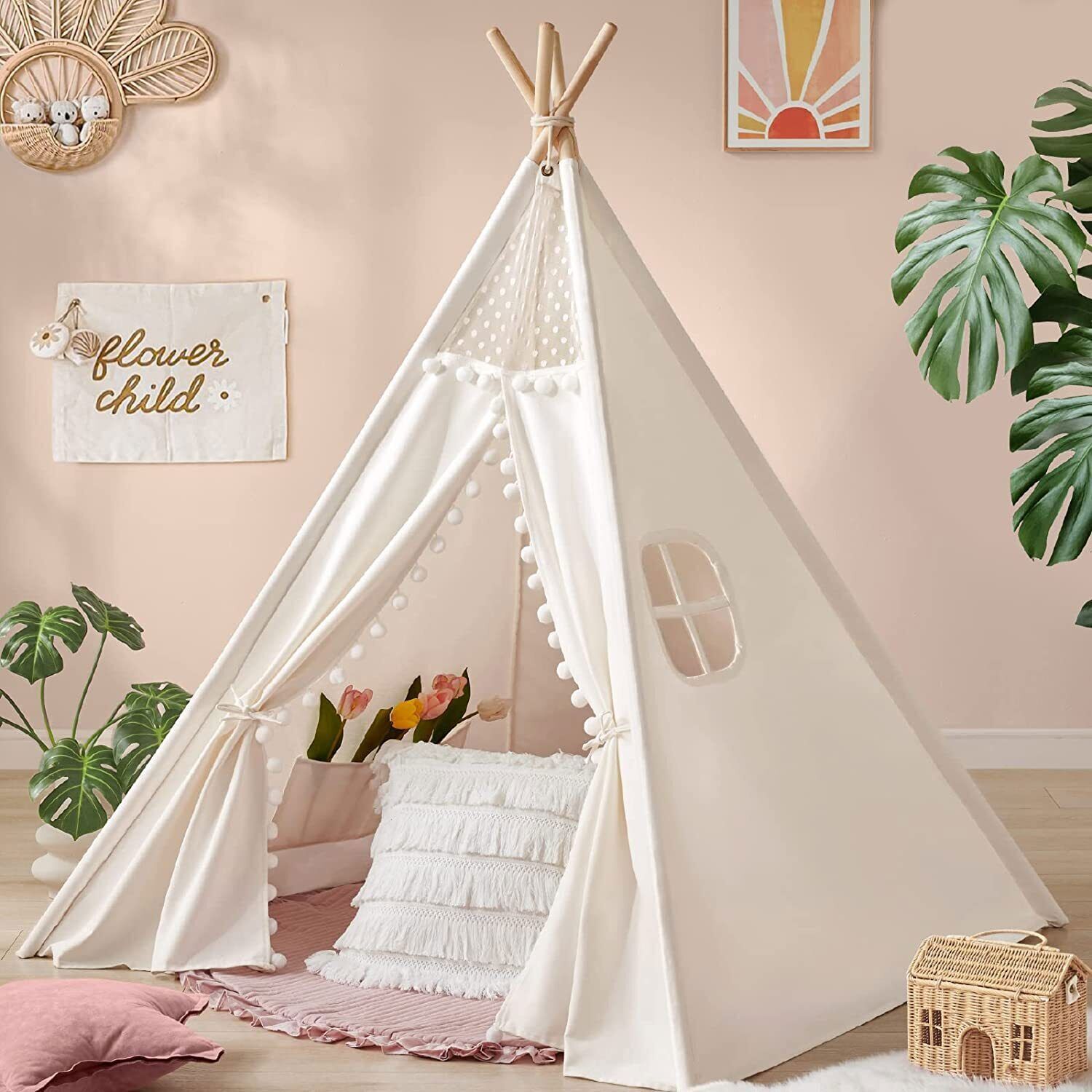 Xxl Kids Play Teepee Tent Indoor Boho Tent Foldable Tipi With Window/Pompom/Mat view 2