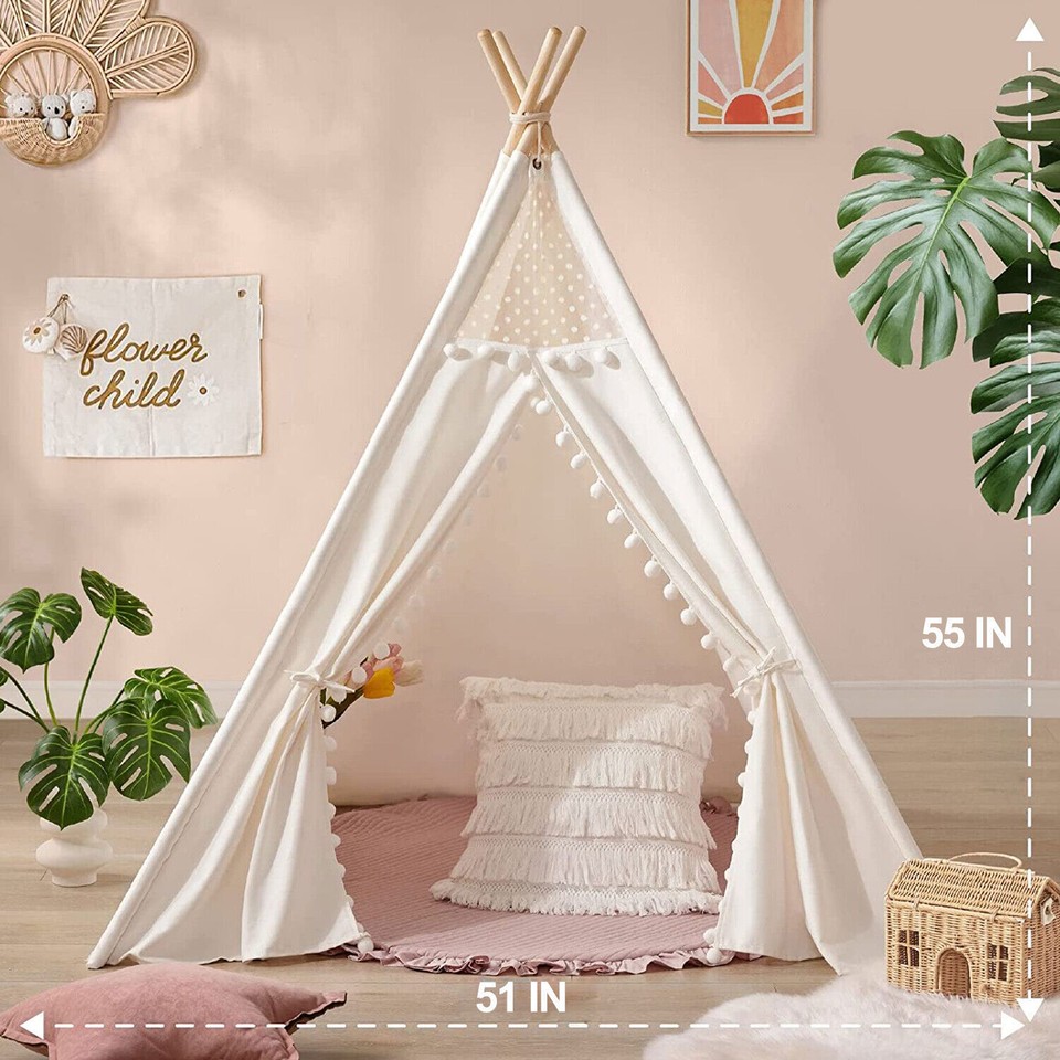 Xxl Kids Play Teepee Tent Indoor Boho Tent Foldable Tipi With Window/Pompom/Mat view 3