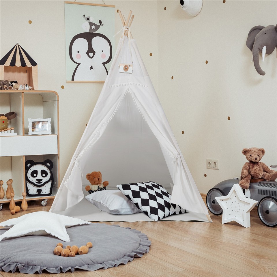 Xxl Kids Play Teepee Tent Indoor Boho Tent Foldable Tipi With Window/Pompom/Mat view 6