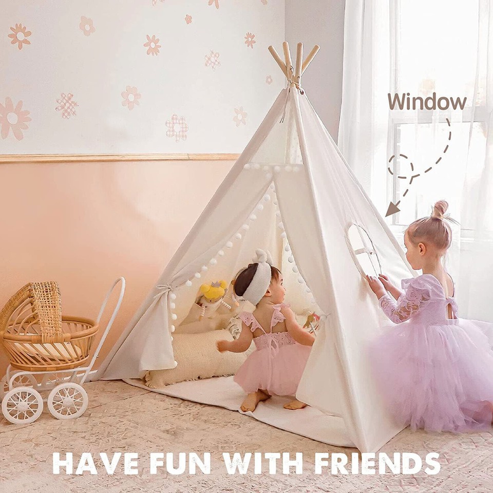 Xxl Kids Play Teepee Tent Indoor Boho Tent Foldable Tipi With Window/Pompom/Mat view 8