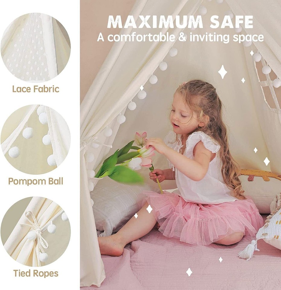 Xxl Kids Play Teepee Tent Indoor Boho Tent Foldable Tipi With Window/Pompom/Mat view 10